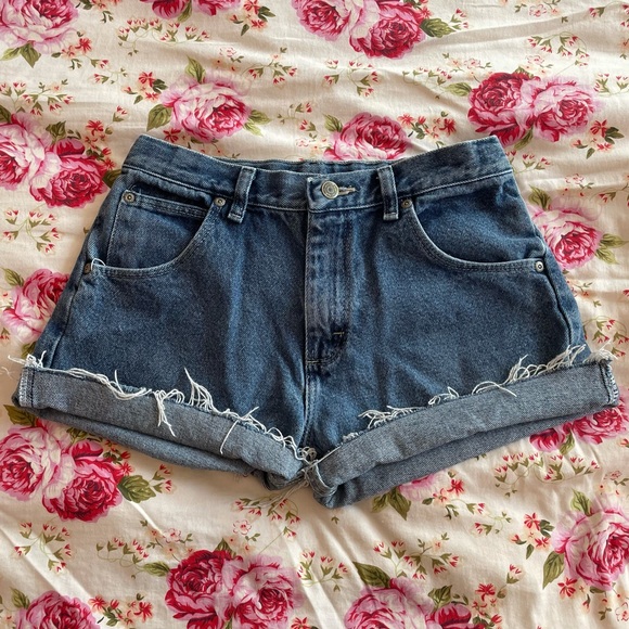 Wrangler Pants - Wrangler- Mid Rise Dark Wash Frayed Denim Shorts